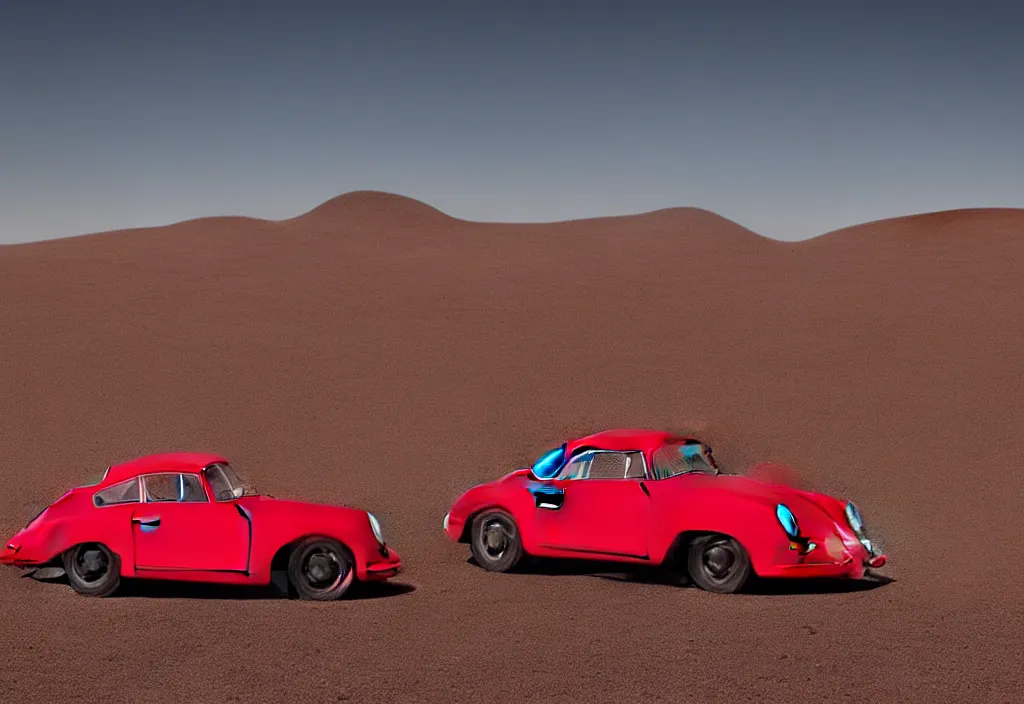 Image similar to “a red porsche 356 is parked in the middle of the desert, a matte painting by Scarlett Hooft Graafland, featured on unsplash, australian tonalism, anamorphic lens flare, cinematic lighting, rendered in unreal engine”