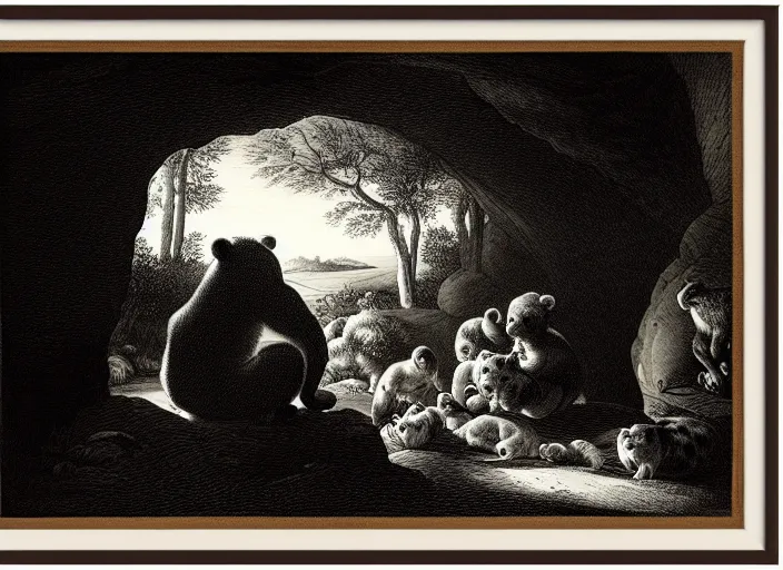 Image similar to Pieter Claesz's 'viewer looking into dark cave and seeing a mother bear and her cubs sleeping', night time, cross hatching, framed