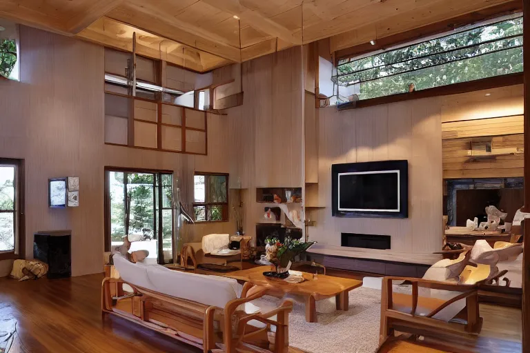 Prompt: modern Japanese living room, high ceiling, luxurious wooden cottage, traditional, Japanese flower arrangements, high-tech devices, traditional fireplace, real estate photography