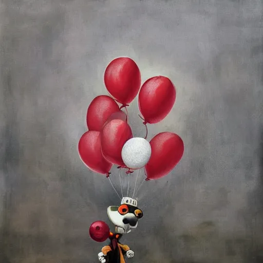 Prompt: grunge cartoon painting of a dog at the circus with a wide smile and a red balloon by chris leib, loony toons style, pennywise style, horror theme, detailed, elegant, intricate