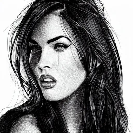 Prompt: megan fox portrait by arunas kacinskas and mallory heyer, sketch, pencils, minimalistic, procreate, digital illustration, vector illustration, doodle, applepencil, geometrical shapes and lines, newstyle