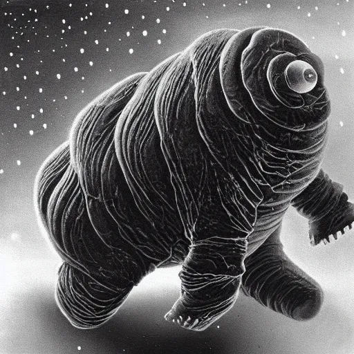 Prompt: the cosmic transcendent tardigrade that greets you at the end of all of space and time, by ansel adams and gerard brom