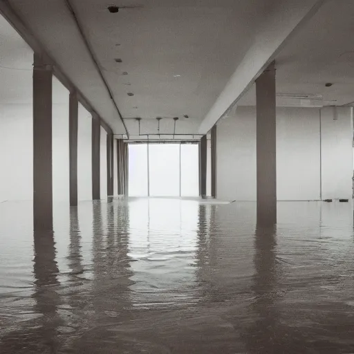 Prompt: Beautiful soft liminal Photograph of an infinite infinite room, water on the floor