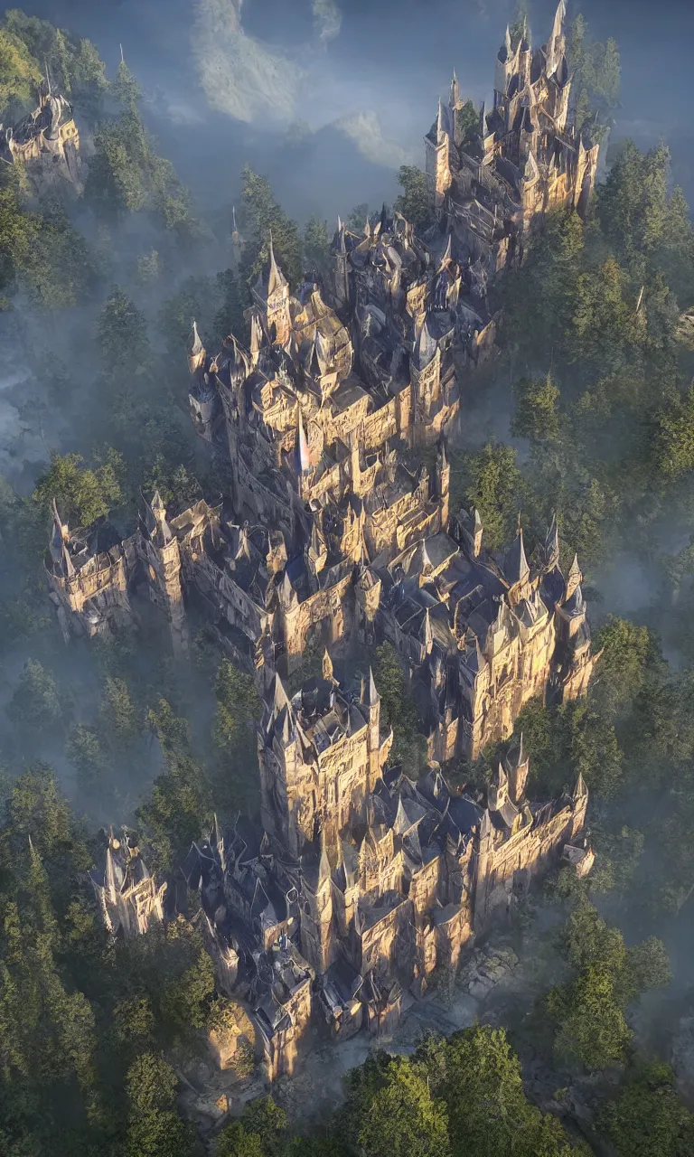 Prompt: a big castle, highly detailed, crystal lighting, mystical, forest, hyperrealistic, 4 k, unreal engine, dramatic lighting, magical, beautiful,