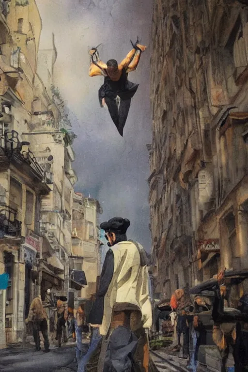 Image similar to in the foreground a Parisian street, in the background a brown man from the back with blue energy wings coming out of his back wearing a long matrix style jacket and starting to fly away, realistic, high definition, great details, dramatic scene, detailed and realistic hands, symmetrical face, realistic eyes, art of invincible