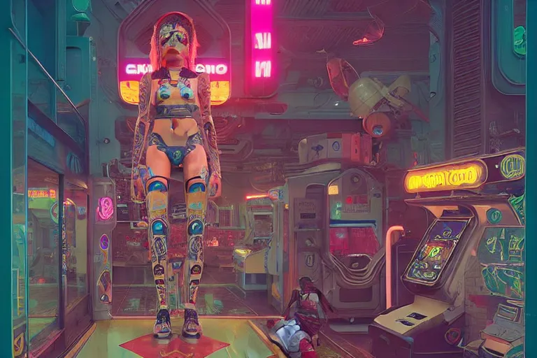 Prompt: latina egirl androids with mohawks, tattoos. standing in a arcade. intricate. gorgeous detailed portrait. cinematic. sharp focus. octane. by stalenhag. kilian eng. mucha. alex gray. bibin. wlop.