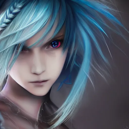 Image similar to portrait of young girl half dragon, dragon skin, dragon wings, blue hair, long hair, highly detailed 3D render, 8k, rpg concept art character, jrpg character, manga, anime, video game character, concept art, by Yoshitaka Amano
