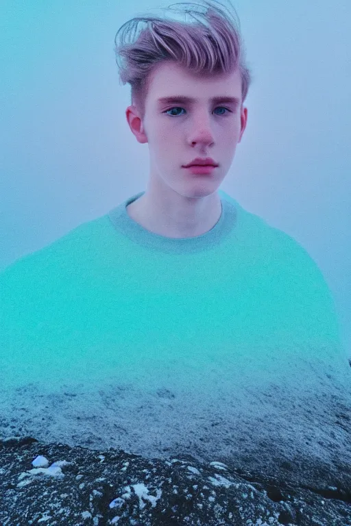 Image similar to high quality pastel coloured film mid angle selfie photograph of a beautiful young 2 0 year old male, soft features, standing in an icelandic black rock environment. atmospheric. three point light. photographic. art directed. ( pastel colours ). volumetric light. stark. waves glitch. 8 k. filmic.