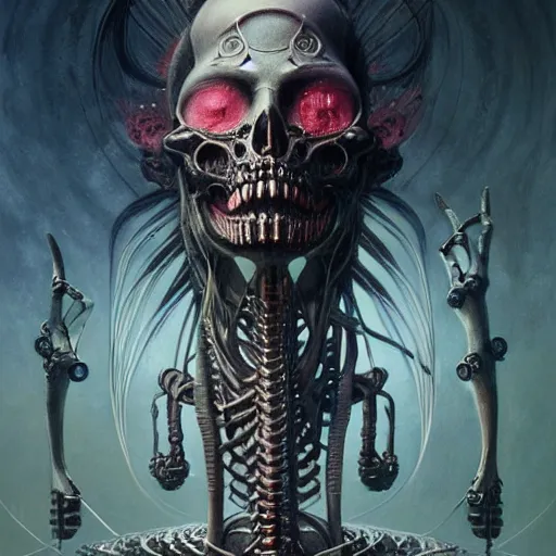 Prompt: a portrait of a beautiful biomechanical goddess of death, horror concept art by giger and beksinski and szukalski and wlop and pete mohrbacher, digital art, highly detailed, intricate, sci-fi, sharp focus, Trending on Artstation HQ, deviantart, unreal engine 5, 4K UHD image