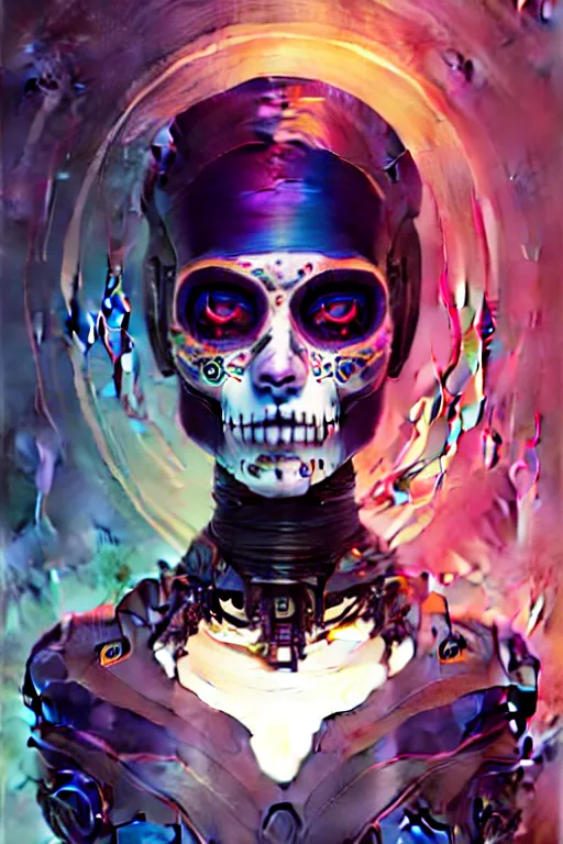 Image similar to ultra detailed, portrait of a female android, sci - fi, triadic color scheme, moody, calm, ( dia de los muertos ), asymmetrical, intricate concept art, art by godmachine and michael welan and dzo and greg rutkowski and alphonse mucha and loish and wlop