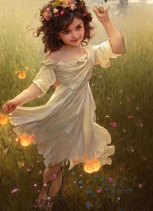 Prompt: A cute little girl with shoulder length curly brown hair with a happy expression wearing a summer dress dancing with fireflies, she is in the distance. beautiful fantasy art by By Artgerm and Greg Rutkowski and Alphonse Mucha, trending on artstation.