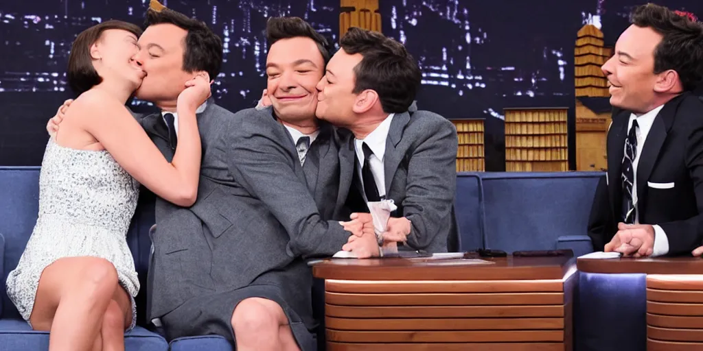 Image similar to Millie Bobby Brown kissing Jimmy Fallon on the tonight show