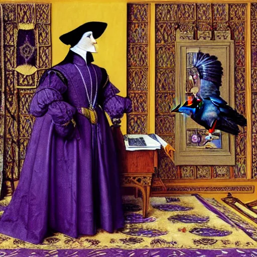 Prompt: a highly detailed painting of a raven dressed as an elegant tudor gentleman, in a lavish purple medieval room, by hans holbein