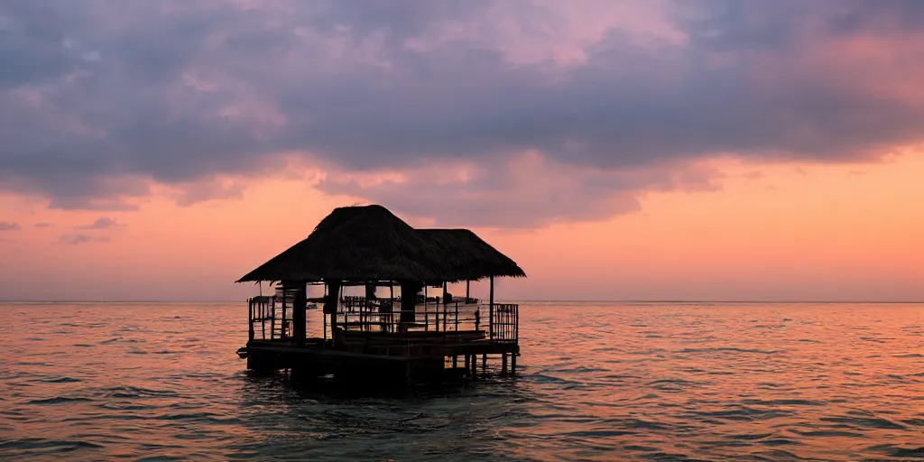 Prompt: floating sri lankan house in the sea, photography, evening sunset