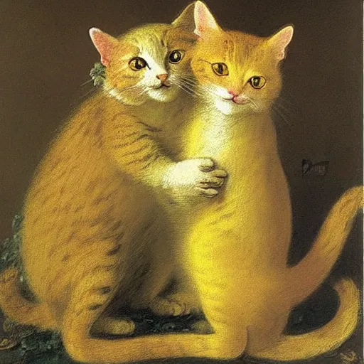 Image similar to two yellow cats hug each other ， rococo, 1 7 3 0, late baroque, antoine watteau