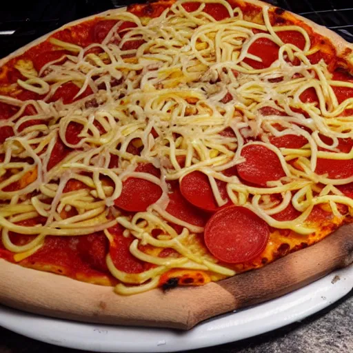 Prompt: Pizza with French Fries and Spaghetti Topping