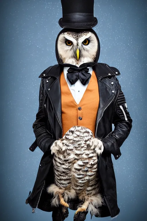 Prompt: cute owl wearing black biker jacket, portrait photo, backlit, studio photo, background colorful, kobalt blue, tophat, bow tie