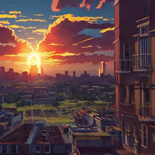 Image similar to the sun is exploding and a giant robot in Northend the italian neighborhood Boston, MA in anime style a epic masterpiece and highly detailed by Makoto Shinkai and Raphael Lacoste