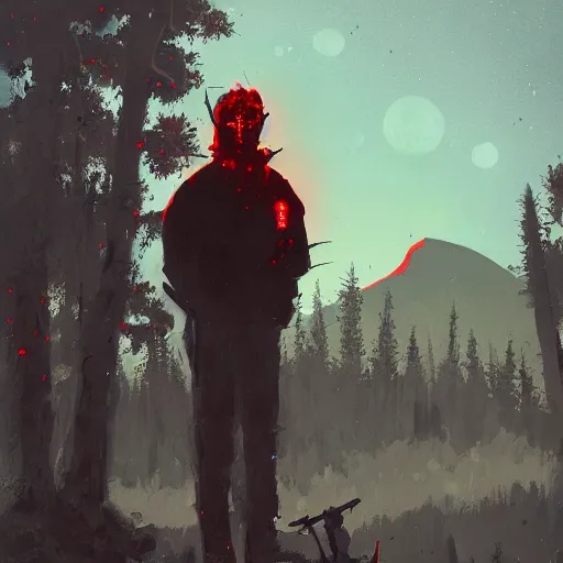 Image similar to park ranger with glowing red eyes and evil grin, by ismail inceoglu, detailed portrait, illuminated by moonlight, mountainous pine tree background, eerie, brushstrokes, 8 k