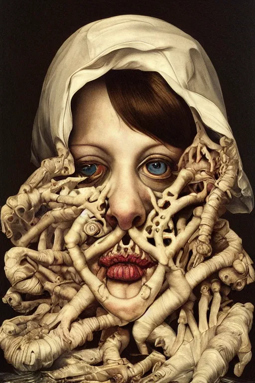 Image similar to Detailed maximalist portrait with large lips and with large, wide eyes, sad expression, extra bones, flesh, HD mixed media, 3D collage, highly detailed and intricate, surreal, illustration in the style of Caravaggio, dark art, baroque