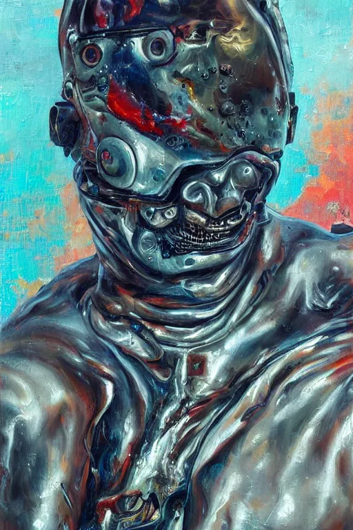 Prompt: oil painting, close-up, hight detailed, melting cyborg at red planet, in style of 80s sci-fi art