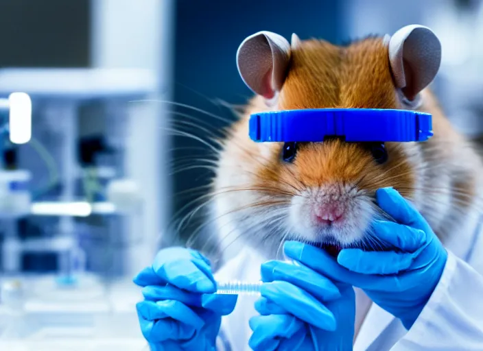 Image similar to film still of a hamster wearing goggles working in a research lab finding the cure for cancer, 8 k