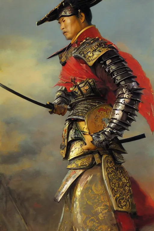 Image similar to close up of a fantasy samurai general in full armor on a battlefield during edo period, by vladimir volegov and alexander averin and delphin enjolras and daniel f. gerhartz