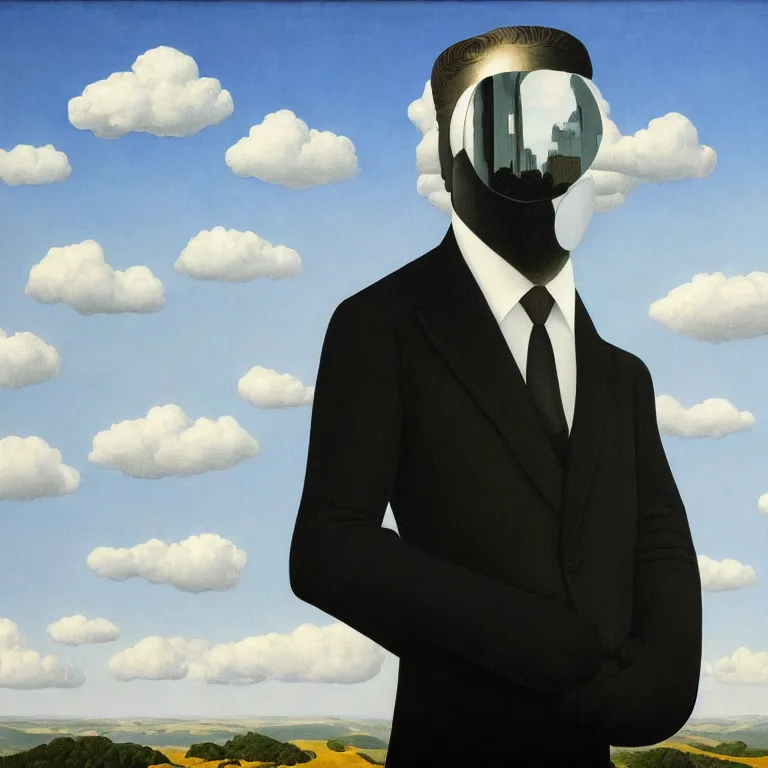 Image similar to portrait of a faceless reflective chrome - head man in a suit and black gloves, clouds and nature landscape in the background, by rene magritte, detailed painting, distance, centered, hd, hq, high resolution, high detail, 4 k, 8 k