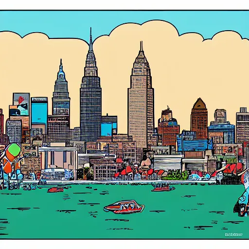 Prompt: cleveland skyline in the style of Geof Darrow