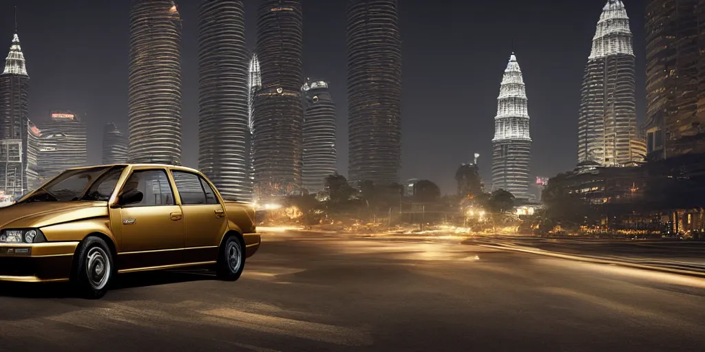 Prompt: proton saga in the middle of a malaysia city at night, gold black color, unreal 5, hyperrealistic, realistic, photorealistic, dynamic lighting, highly detailed, cinematic landscape, studio landscape, studio lighting