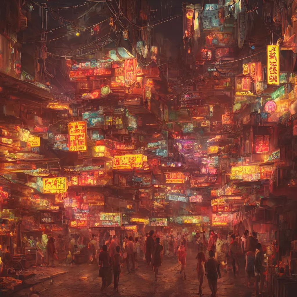 Prompt: A beautiful hyper realistic detailed matte painting of an alleyway night market with dimmed neon lighting , trending on artstation, artstationHD, artstationHQ, unreal engine