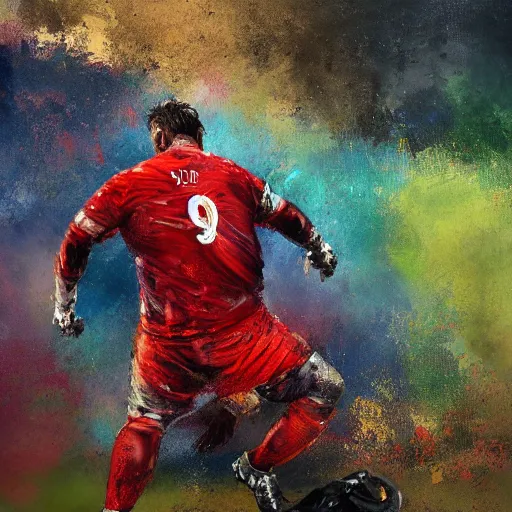 Prompt: A realistic hyperdetailed multi-colored digital oil full body portrait painting of a morbidly obese goal keeper saving a penalty, in the style of Guy Denning, Ruan Jia, and Craig Mullins. Trending on ArtStation and DeviantArt. CGSociety Digital art.