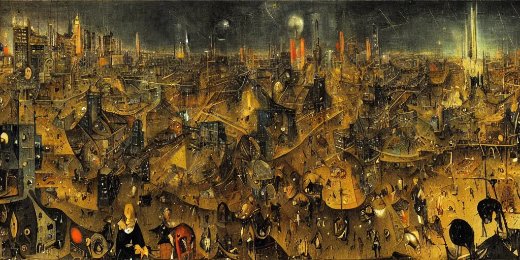 Image similar to view of a crowded cyberpunk city at night painted by hieronymus bosch, highly detailed, intricate, cyberpunk, colourful, night time, art by hieronymus bosch