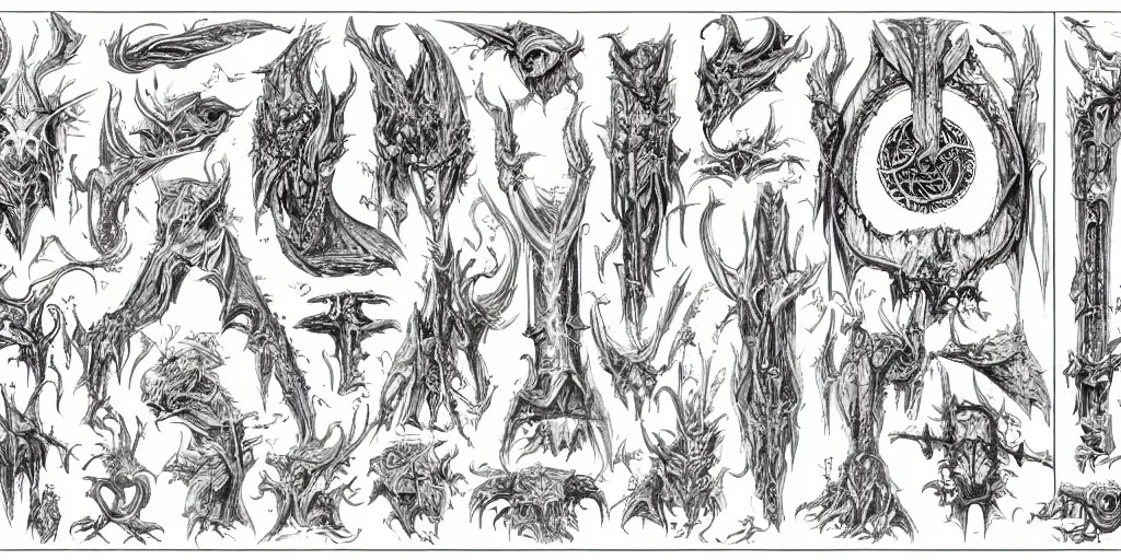 Image similar to highly detailed schematic, technical drawing, side view, demonic glyph designs, dark fantasy magick designs