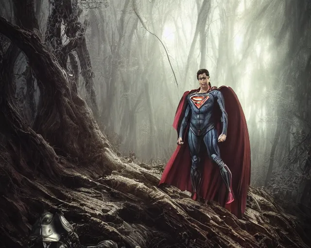 Image similar to 5 5 mm portrait photo of an armored demonic superman in a magical forest. magical atmosphere. art by greg rutkowski and luis royo. highly detailed 8 k. intricate. lifelike. soft light. nikon d 8 5 0.