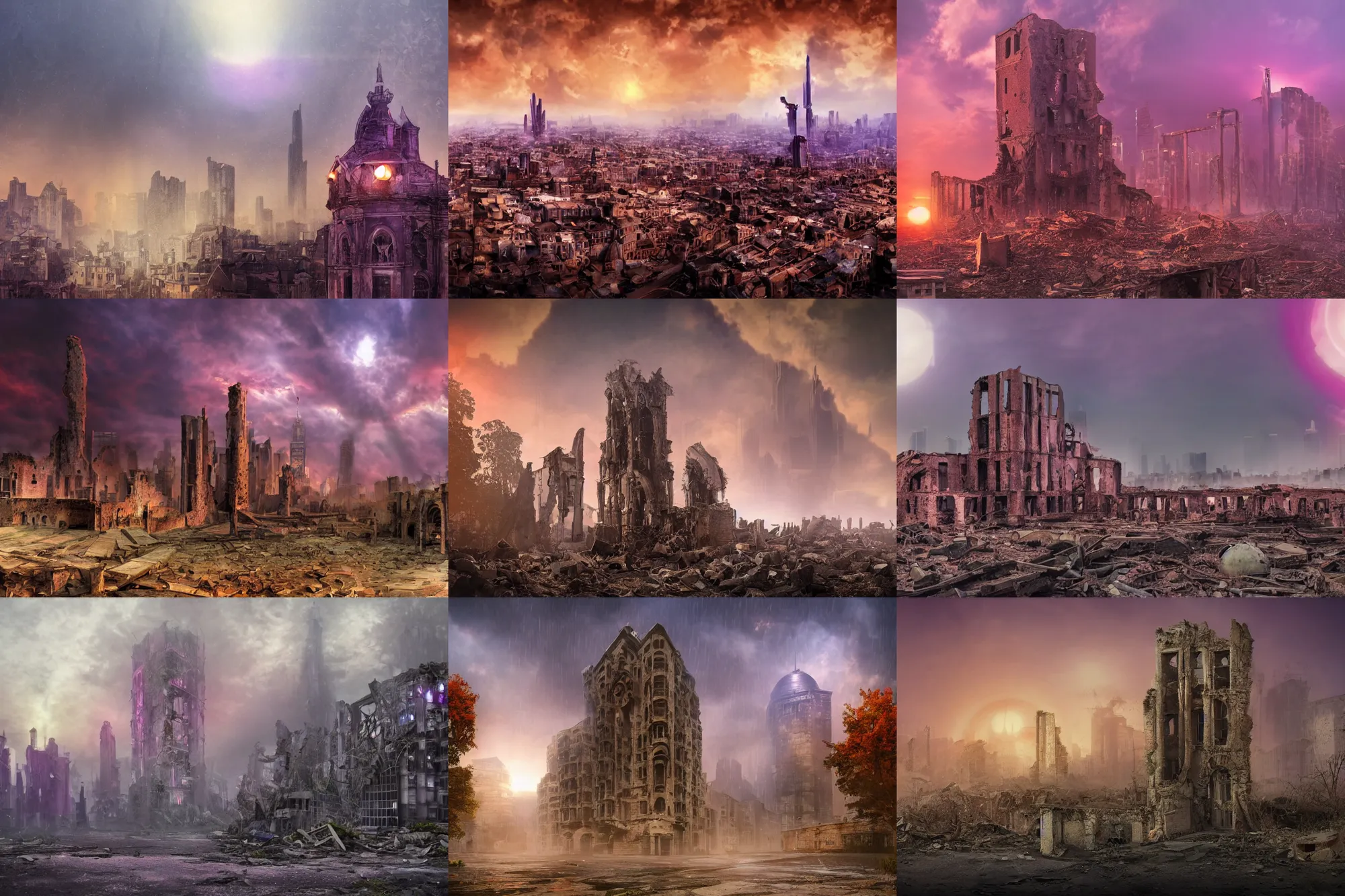 Image similar to Stunning photorealistic background of a city in ruin in a strange purple dimension with a large red sun looming in the distance on a rainy and foggy day, A large tower stands in the center of the crumbling buildings, parallax background