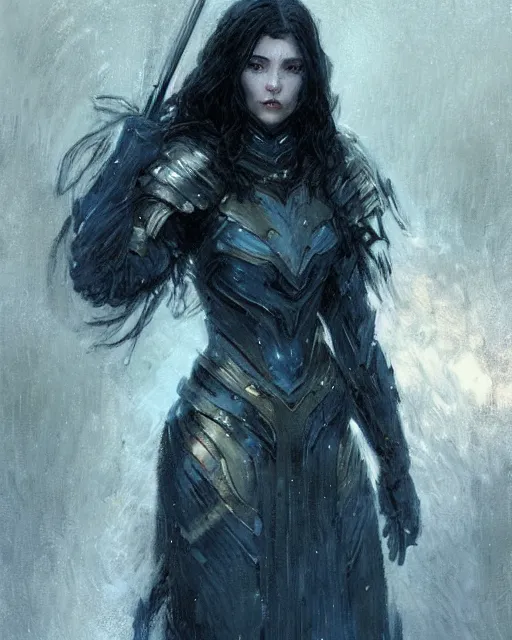 Image similar to a beautiful woman dark hair in an armor with dark eyes, elegant, dark blue, ethereal horror fantasy art by greg rutkowski and magali villeneuve and claude monet