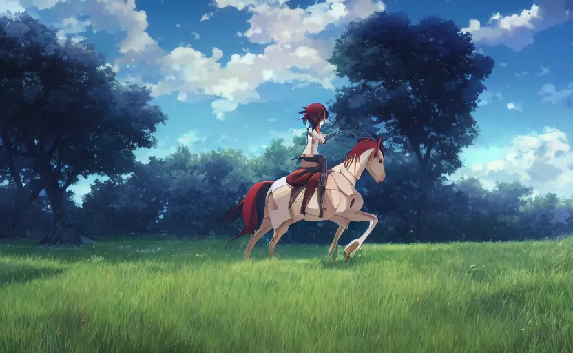 Prompt: An anime girl riding a horse through a grassy field, anime scenery by Makoto Shinkai, digital art