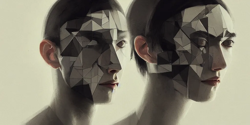 Prompt: highly detailed portrait of a portrait geometric face modernist bauhaus minimalism, by greg rutkowski and fujimoto tatsuki, dramatic lighting, dynamic pose, dynamic perspective