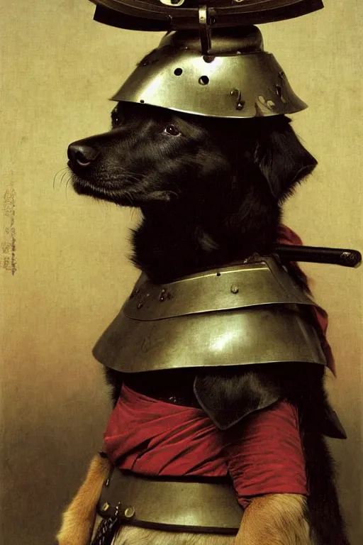 Image similar to portrait of a dog samurai, wearing samurai armor and helmet, majestic, solemn, by bouguereau