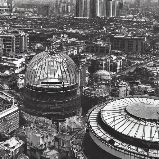 Image similar to A ruined city floating, in the sky, metropolises, modern, overgrown, a giant Ferris wheel