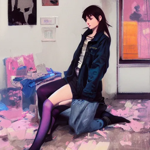 Image similar to A ultradetailed beautiful panting of a stylish girl sitting on the floor of a messy apartment, she is wearing an oversized jacket, Oil painting, by Ilya Kuvshinov, Greg Rutkowski and Makoto Shinkai