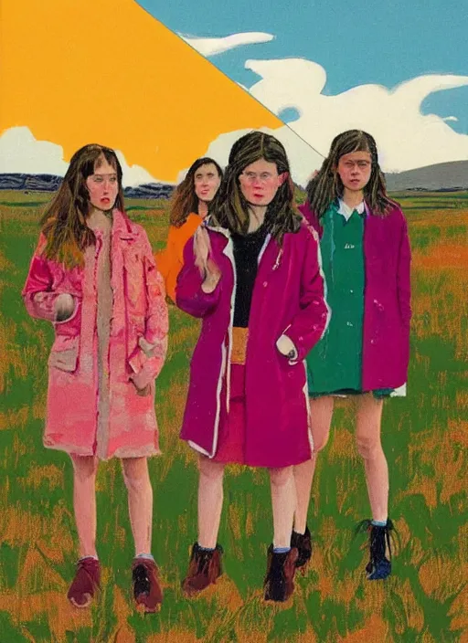 Image similar to a portrait of a group of girls dressed in colorful jackets in a scenic representation of mother nature and the meaning of life by billy childish, composition by justine kurland, thick visible brush strokes, shadowy landscape painting in the background by beal gifford, vintage postcard illustration, minimalist cover art by mitchell hooks