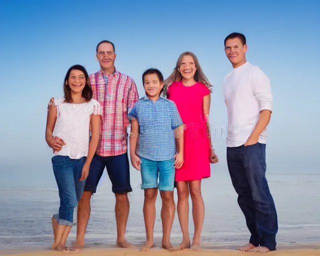 Image similar to family portrait of a happy family holding each other, facing the camera, standing in front of a beach, stock photo taken with canon eos - 1 d mark iii