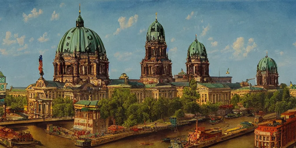 Prompt: berlin skyline in the style of raja ravi varma, high detail, realism