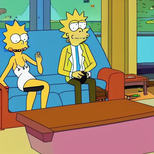 Image similar to Rick & Morty starring in the simpsons couch-gag