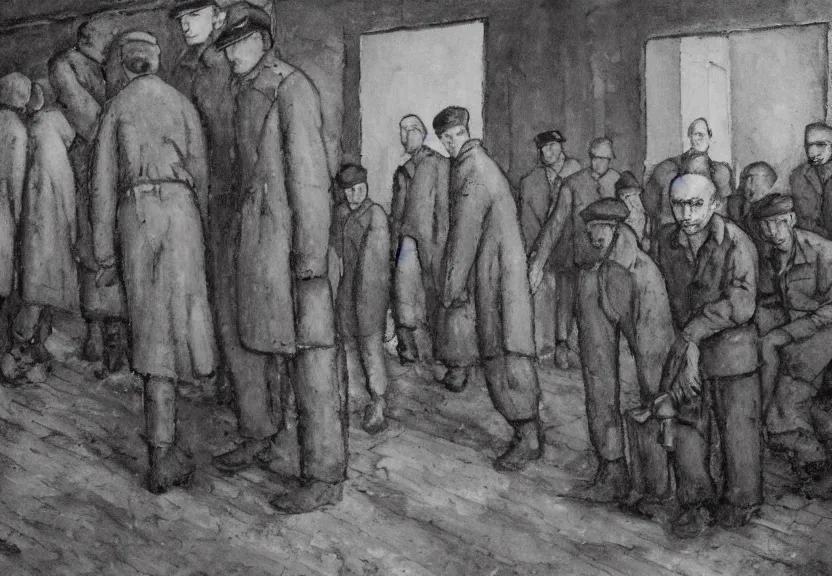 Image similar to realistic scene in auschwitz concentration camp with jewish prisoners by modigliani, dark fantasy, highly detailed, high contrast, 4 k, trending on artstation, award - winning