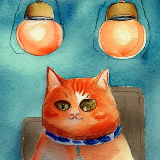 Image similar to A fat, cute orange cat in a beautiful room, cozy, watercolor on paper by ANNA LEA HUCHT, details, lights, beautiful