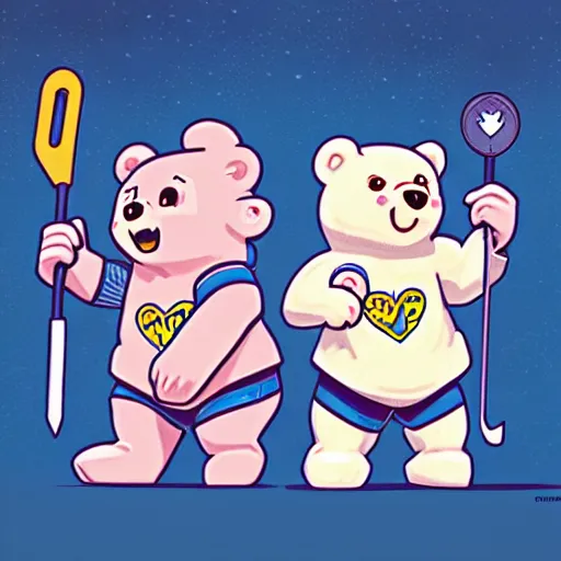 Prompt: the care bears * playing ice hockey! dream mercy and winston from overwatch, extremely detailed, sharp focus, wide view, full body shot, smooth, digital illustration, by james jean, by rossdraws, frank franzzeta, mcbess, sakimichan, brosmin, danton fadeev, steve simpson