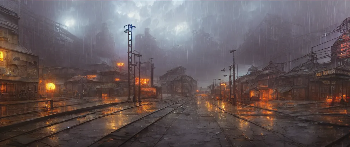 Image similar to a highly detailed matte painting of a soviet steampunk industrial zone in lightning storm and heavy rain by studio ghibli, makoto shinkai, by artgerm, by wlop, by greg rutkowski, volumetric lighting, octane render, 4 k resolution, trending on artstation, masterpiece